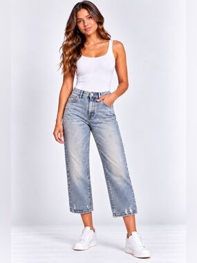 Ana HIGHEST RISE VINTAGE STRAIGHT blue Jean distressed crop button fly cotton 10